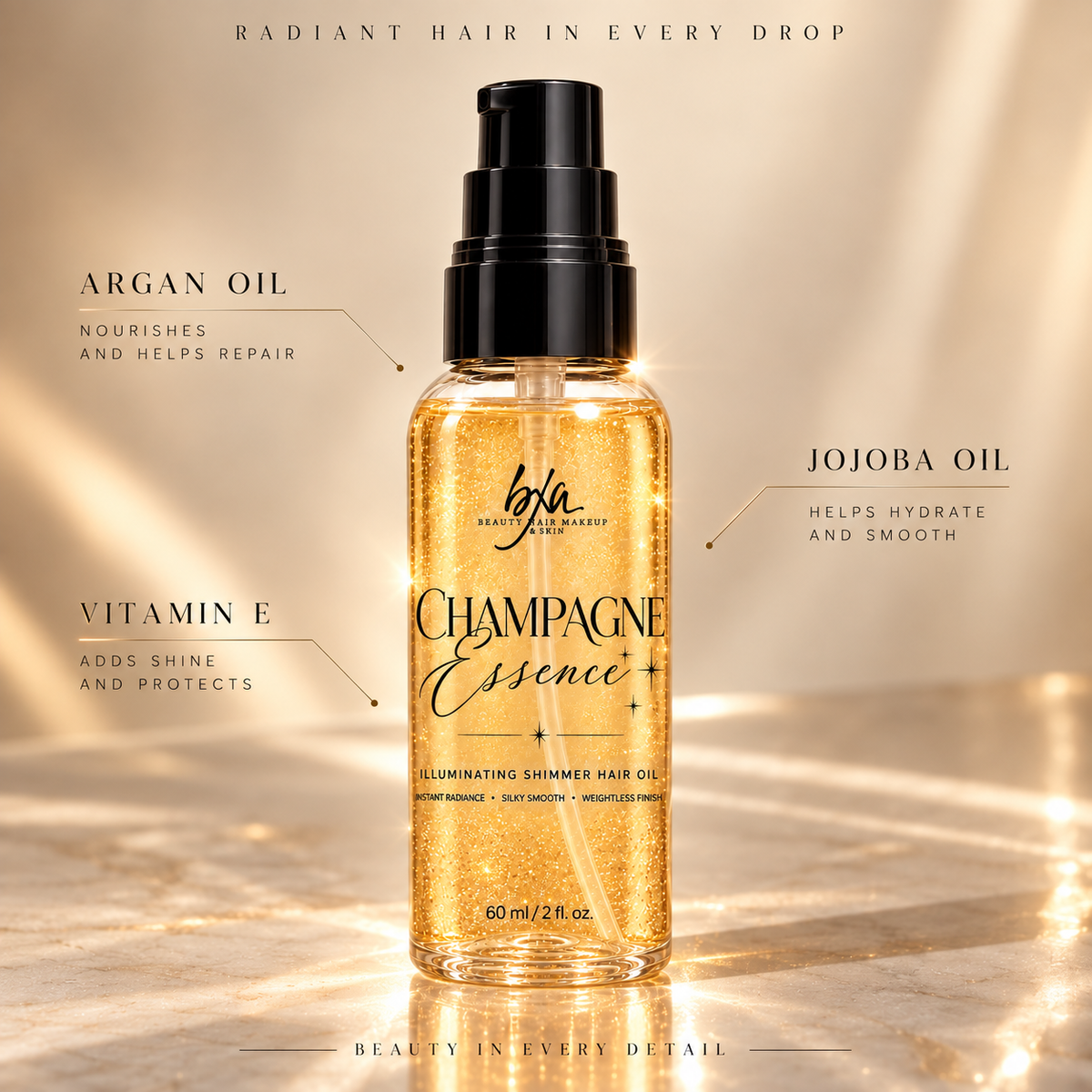 Champagne Essence – Illuminating Shimmer Hair Oil ✨